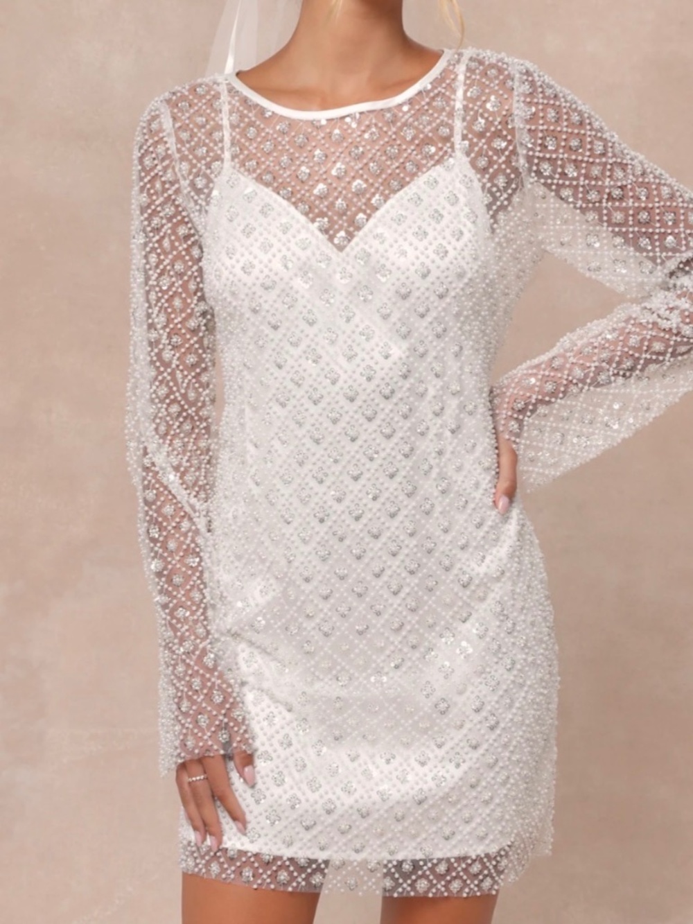 Lulus glowing charisma, white sequins, and pearl mesh long sleeve. Sm